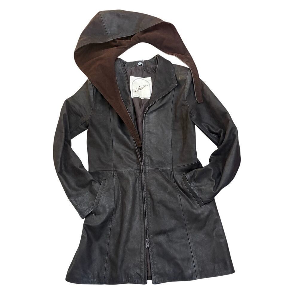 Vintage Italian Brown Leather Hooded Coat A. Razpini Firenze